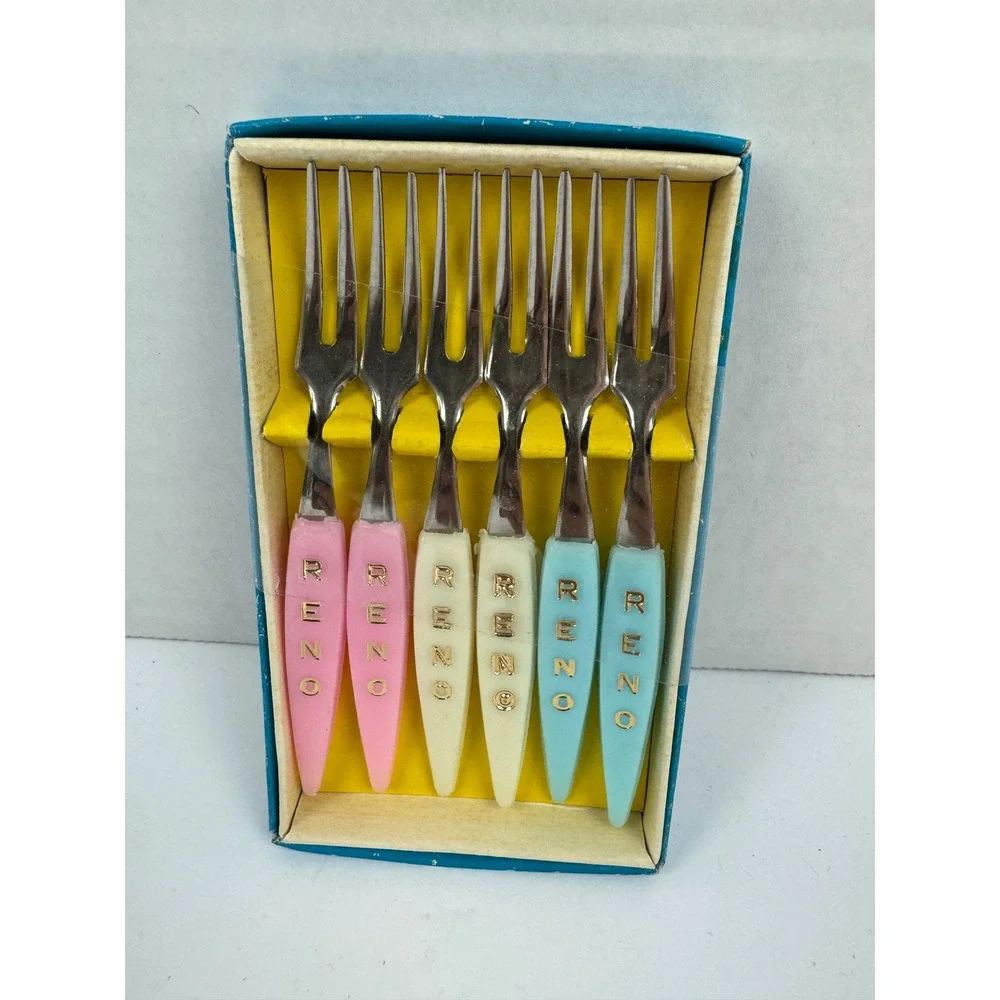 Vintage Reno Little Fork 6 Piece Stainless Steel Appetizer Cocktail Fork Set